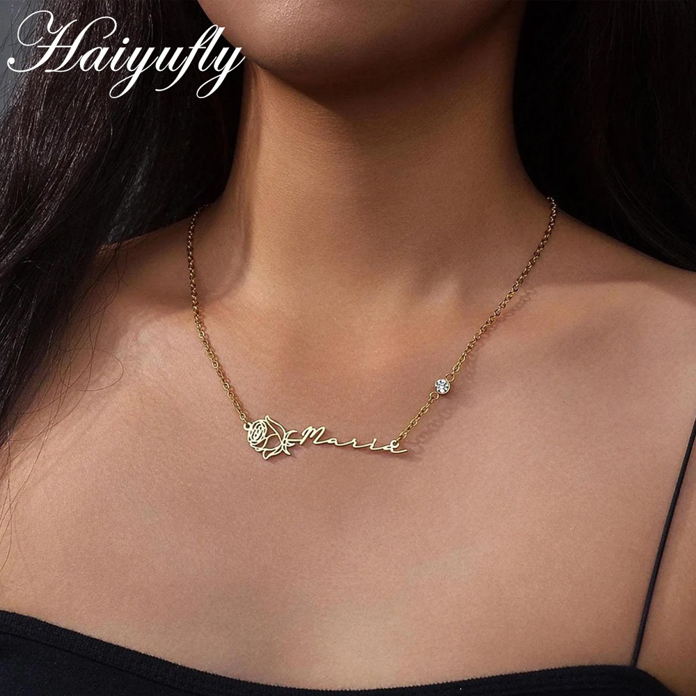 Birth Flower Necklace - Haiyufly-Collier Personnalisé avec Nom pour Femme,